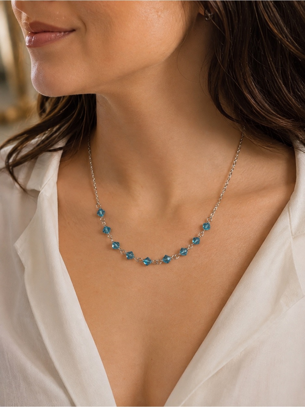 Handmade Swarovski Caribbean Blue Crystal Gold Chain Necklace